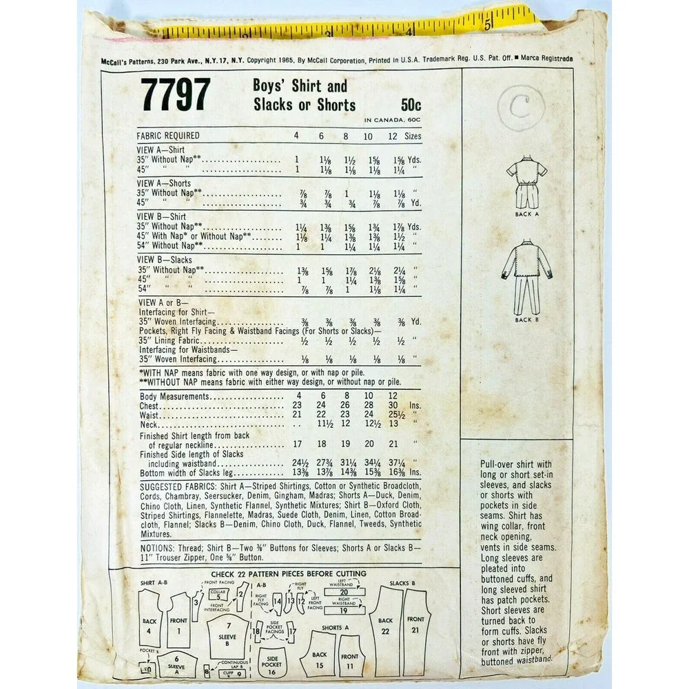 Vintage 1965 McCalls Sewing Pattern Boys Shirt & Slacks or Shorts Sz 10 #7797